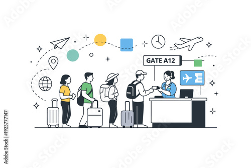 Airport boarding gate. Passengers queuing and scanning tickets at the gate, abstract floating shapes and airplane icons emphasizing travel and organization.