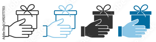 Hand giving gift present box icon set, donation charity celebration surprise support symbol vector isolated on transparent background