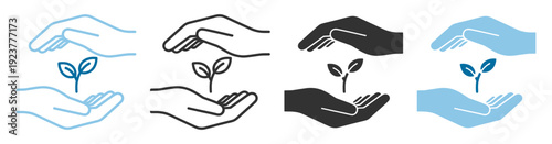 Hands holding plant seedling growth and environment icon set, ecology sustainability care support symbol vector isolated on transparent background