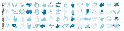 Hand gesture icon set, outline and solid symbols with fist, victory, clap, assist, shield, phone and hygiene elements on transparent background