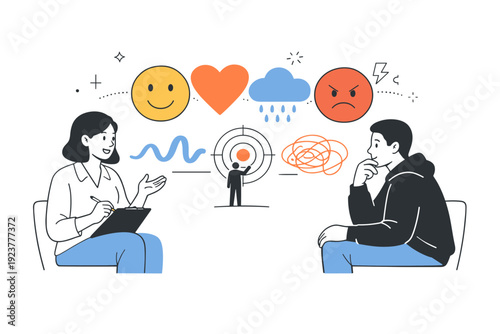 Social workers and psychologists. A psychologist helping someone visualize emotions using simple icons and abstract shapes. The illustration conveys