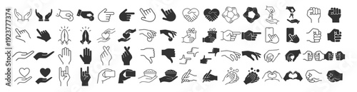 Hand gesture icon set, outline and solid pointer thumbs handshake heart symbols isolated on transparent background