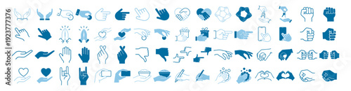 Hand gesture icon set, solid and outline collection with partnership, charity, shopping, mobile interface and washing symbols on transparent background