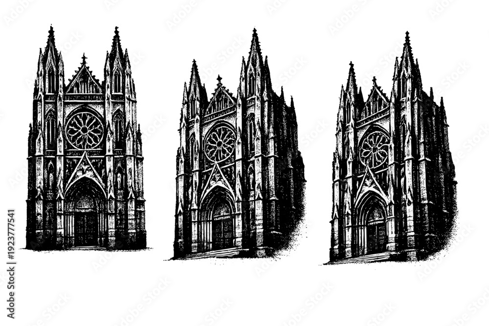 Fototapeta premium Gothic Cathedral Facade. Historic building facade gothic cathedral facade. A tall historic facade with pointed arches, vertical emphasis, ornate tracery, and