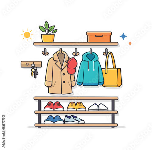 Creating a functional entryway storage system for coats and shoes represented as a calm morning scene with accessible hooks and shelves,