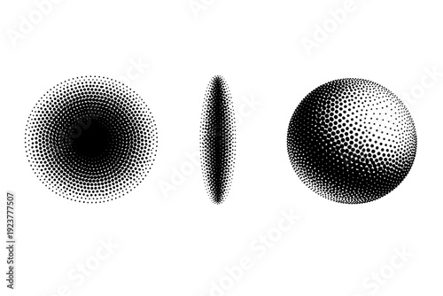 Circular dot burst object shown in three views including front view, side view, and three-quarter view with concentric expansion and balanced proportions.
