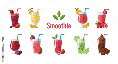 A vibrant assortment of colorful and refreshing smoothie illustrations for healthy drinks
