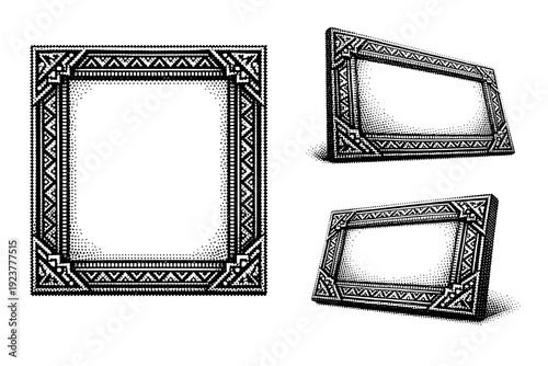 Ethnic decorative frame. A rectangular ethnic decorative frame pattern with corner accents and inner border is shown from three different angles: front view,