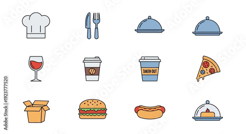 A vibrant assortment of food icons for restaurants and takeaway businesses
