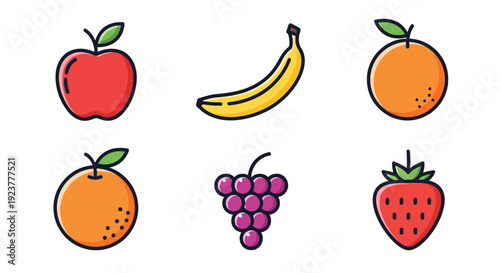 A vibrant assortment of colorful and appealing fruits in a clean, minimalist illustration style