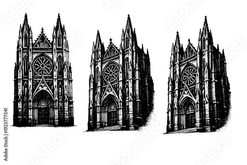 Gothic Cathedral Facade. Historic building facade gothic cathedral facade. A tall historic facade with pointed arches, vertical emphasis, ornate tracery, and