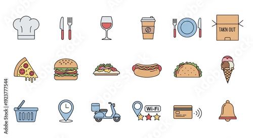 A vibrant assortment of food icons illustrating restaurant services and delivery options