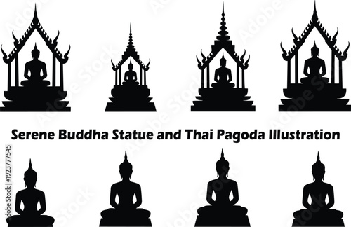 A diverse collection of serene Buddha statues and traditional Thai pagoda structures in silhouette form