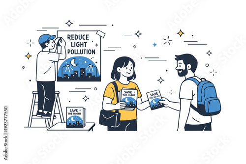 Public awareness campaign. Volunteers put up posters and hand out leaflets about reducing light pollution in urban areas, abstract stars and lines floating