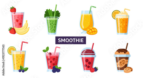 A vibrant assortment of refreshing smoothie illustrations, ideal for health-related concepts