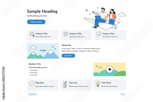 UI UX design. Clean interface layout with text placeholders, icons, and image blocks aligned in a clear grid. Visual emphasis on hierarchy, clarity, and
