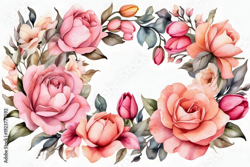 Elegant watercolor floral wreath featuring pink roses, magnolias, and tulips isolated on white.