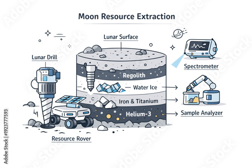 Extracting resources on the Moon. A cross-section of lunar ground revealing valuable materials, with tools and scanners placed nearby. The
