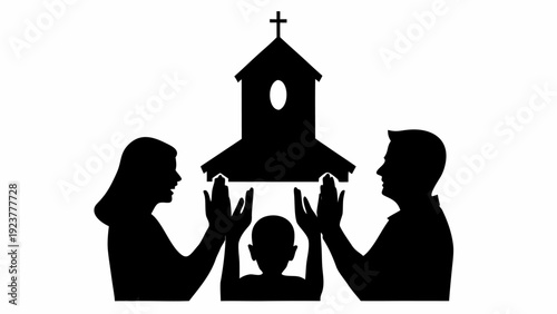 Family praying together in front of church silhouette