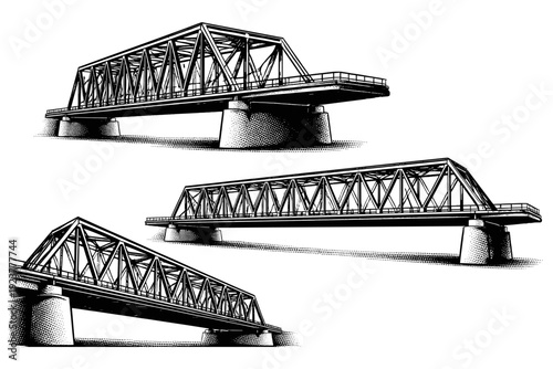 Bridge structure truss bridge. A steel truss bridge with triangular lattice framework and horizontal roadway deck presented as one standalone