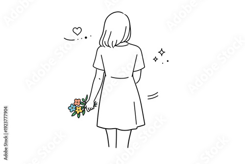 Women photographed from behind with bouquets. A woman seen from the back holding a small bouquet at her side, relaxed posture. Quiet femininity, gentle