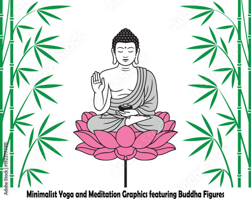 A serene Buddha figure sits calmly on a pink lotus flower, beautifully framed by vibrant green bamboo stalks