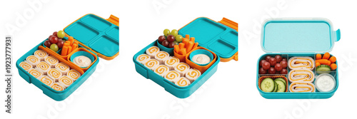 Title: Healthy Bento Box Lunch Set: Kids' Meal Prep with Pinwheels and Fruit PNG Collection