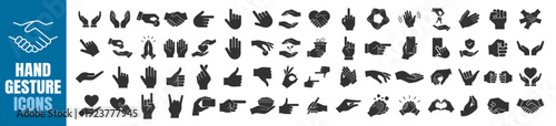 Hand gesture icon set, solid and outline collection with teamwork, charity, shopping, mobile interface, shield, hygiene and victory symbols on transparent background