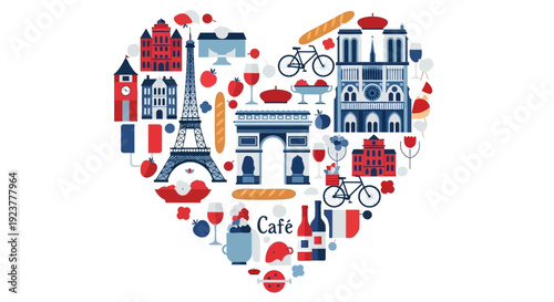 Heart-shaped vector illustration symbolizing love for France, featuring iconic Parisian landmarks and cultural elements like the Eiffel Tower, Arc de Triomphe, and baguettes