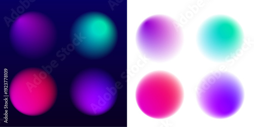 Abstract liquid gradient circle collection, neon colors, translucent blot textures, rounded blob shape, floating drop and drops. Soft curved form with color gradient. Vector png banner.