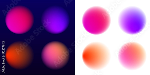 Collection of liquid gradient circle elements, color neon shades, glossy blot textures, fluid blob shapes, scattered drop and drops. Rounded smooth form with subtle highlights. Vector png banner.