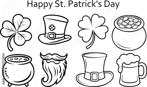 A simple collection of hand drawn St Patricks Day holiday outline icons on a clean white background