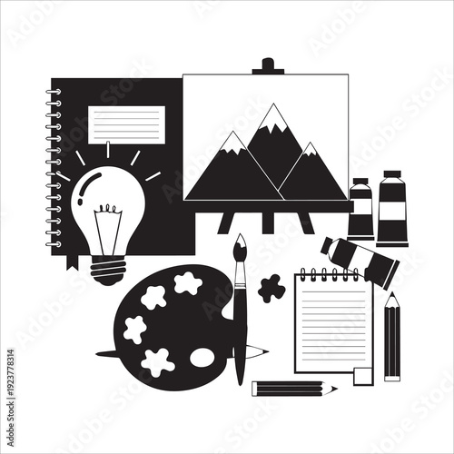 Creative Art Studio Supplies Collage with Paint Palette Brushes and Sketchbook