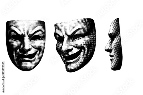 Theater mask displayed as a sculptural performance mask with defined cheekbones and mouth shown in orthographic front view, dynamic angled