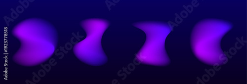 Abstract liquid gradient circle displays neon with glossy blot drops drifting slowly. Purple reflections emphasize layered form, shape. Violet glow spreads across surface. Vector banner object.