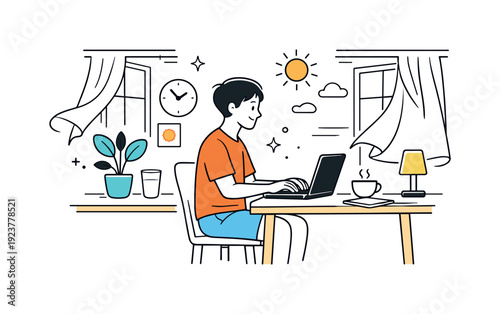 Workday pacing in hot weather. Minimal interior with open windows, light curtains moving, and a person typing calmly on a laptop. Slow