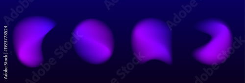 Abstract liquid gradient circle displays neon with glossy blot drops drifting slowly. Purple reflections emphasize layered form, shape. Violet glow spreads across surface. Vector banner object.