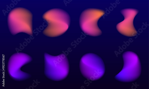 Abstract gradient liquid circle collection, neon pink colors glow, translucent blot surface, fluid blob structure, floating drop, drops. Smooth shape with purple color transition. Vector png banner.