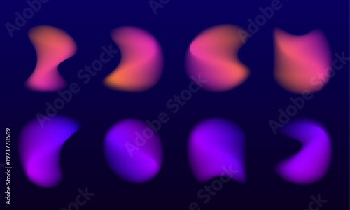 Abstract gradient liquid circle collection, neon pink colors glow, translucent blot surface, fluid blob structure, floating drop, drops. Smooth shape with purple color transition. Vector png banner.