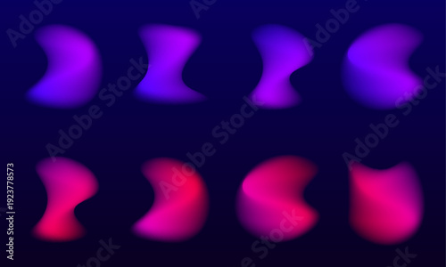 Abstract gradient liquid circle collection, neon pink colors glow, translucent blot surface, fluid blob structure, floating drop, drops. Smooth shape with purple color transition. Vector png banner.