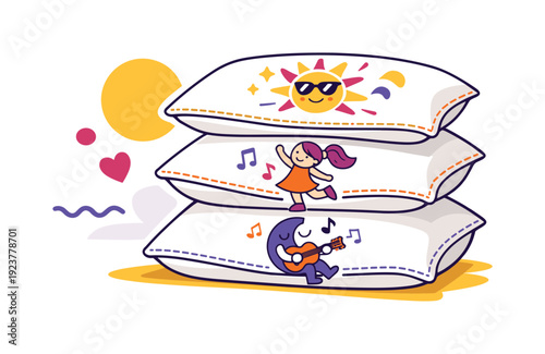 Finished embroidered pillowcases. Neatly stacked custom pillows with visible stitching,