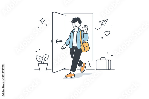 Leaving home moments. A person waves lightly from the doorway while stepping out, door half open behind them. Soft sense of goodbye and