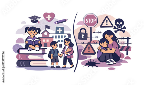 Access to education and health. One side with books and hospitals, the other with barriers