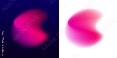 Neon pink hues flow through liquid abstract gradient circle, glossy blot patterns mix with floating blob, drops. Curved form appears dynamic. Purple tones highlight layered shape. Vector png banner.