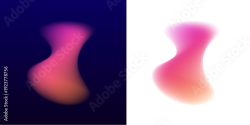 Neon pink hues flow through liquid abstract gradient circle, glossy blot patterns mix with floating blob, drops. Curved form appears dynamic. Purple tones highlight layered shape. Vector png banner.