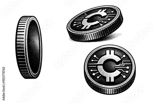 Cryptocurrency coin (generic) ? thick medallion coin. A single thick medallion-style crypto coin represented in three views showing heavy