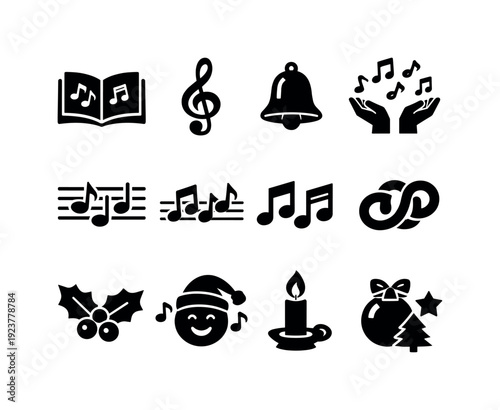Traditional holiday carols. Filled icon set of Traditional holiday carols: songbook, treble