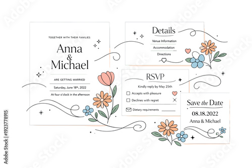 Modern romantic stationery. Abstract editorial composition combining minimal invitation layouts with soft spring florals and