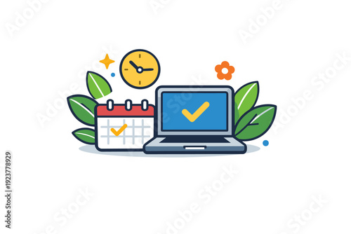 Spring freelance lifestyle a friendly badge-style composition combining a laptop, calendar, and leaves, representing time control, autonomy, and balanced