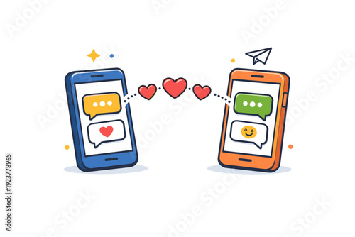 Maintaining long-distance friendships a warm visual metaphor of two smartphones connected by hearts and message bubbles, expressing emotional